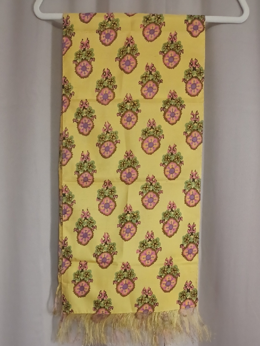 Vintage Thai Silk Scarf Star Of Siam Yellow Psychedelic Floral Fringe Boho 49×12